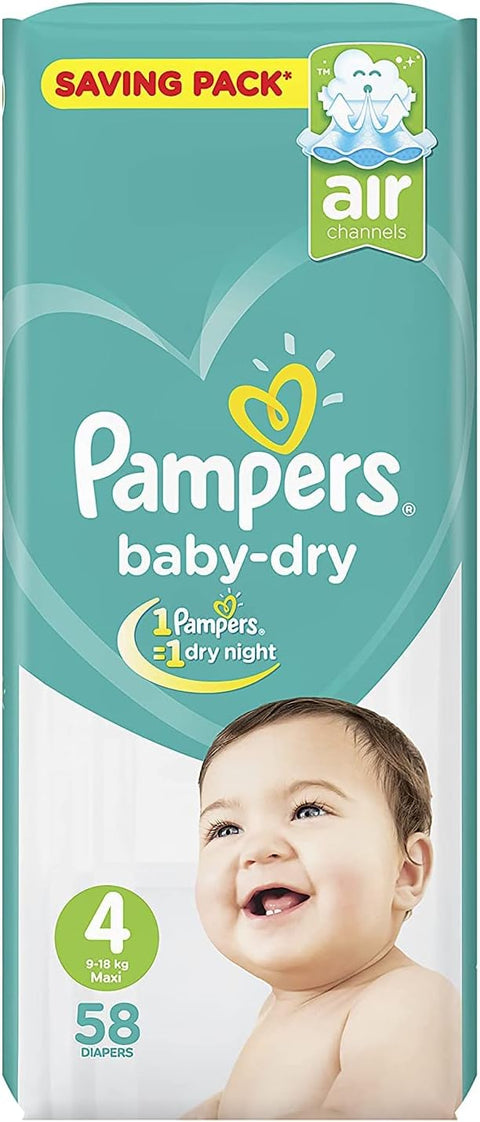 Pampers baby-dry diapers, size 4, maxi, 9-18 kg, 58 count