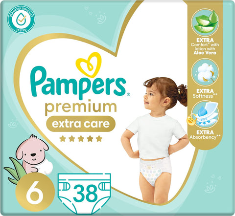 Pampers premium extra care diapers, size 6, 13 kg, with lotion with aloe vera, 38 diapers