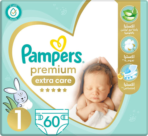 Pampers premium extra care , size 1, with lotion with aloe vera, 60 diapers